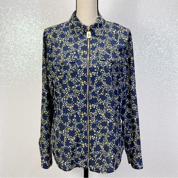 Michael Kors women’s floral print zip front blouse top navy blue size medium - Picture 3 of 11